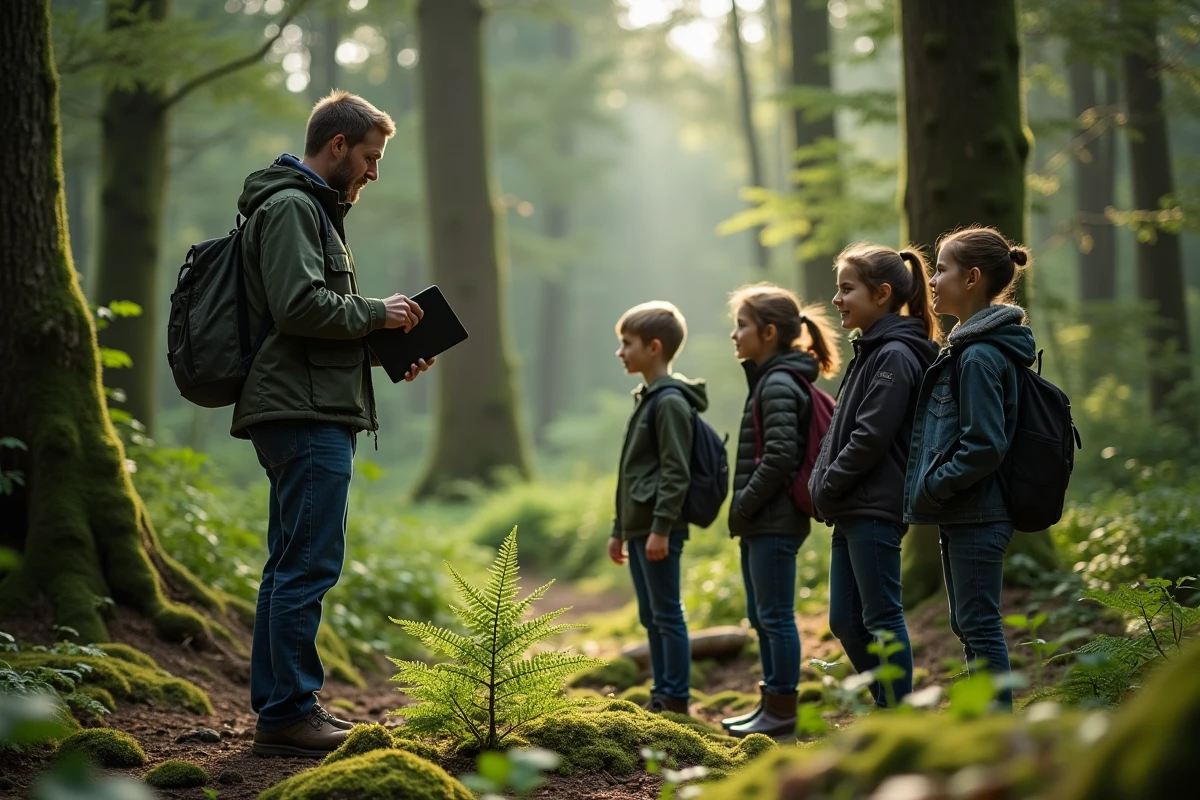 Enseignant en sciences naturelles montrant les résultats de PlantNet sur tablette lors d'une sortie scolaire en forêt avec ses élèves