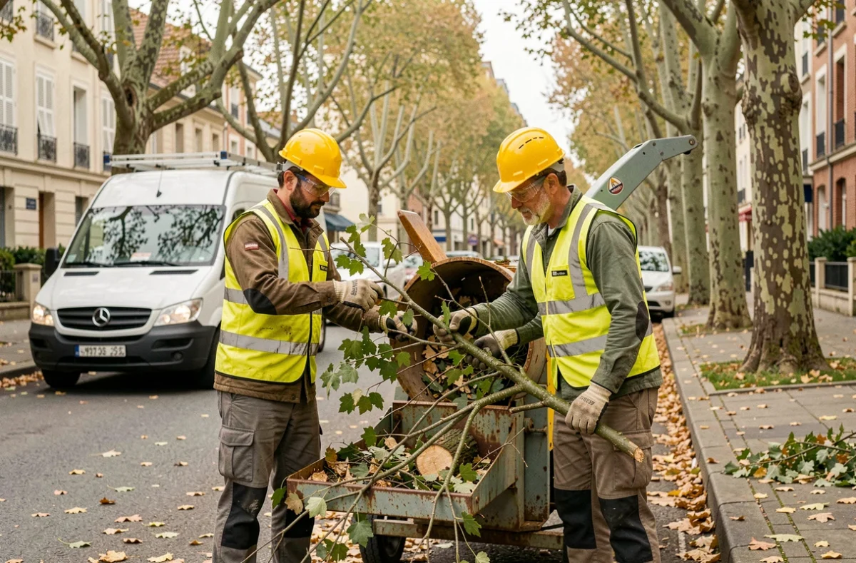 Deux élagueurs utilisant un broyeur de branches dans une rue résidentielle du Mans lors d'un chantier d'élagage