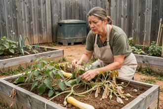 Femme jardinière observant les erreurs de plantation dans un potager en carré en permaculture avec des légumes entassés