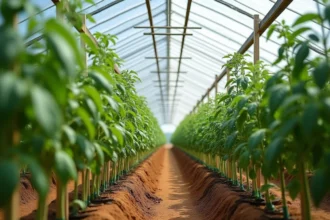 Rangées de plants de tomates bien espacés sous serre avec tuteurs en bois et ficelles de soutien, vue grand angle montrant l'organisation des allées en serre horticole
