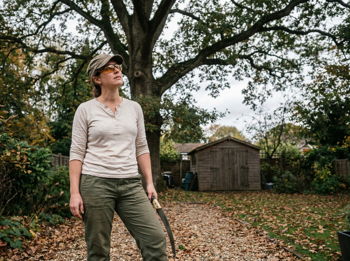 Femme évaluant hauteur arbre chêne jardin avant élagage sans harnais de sécurité