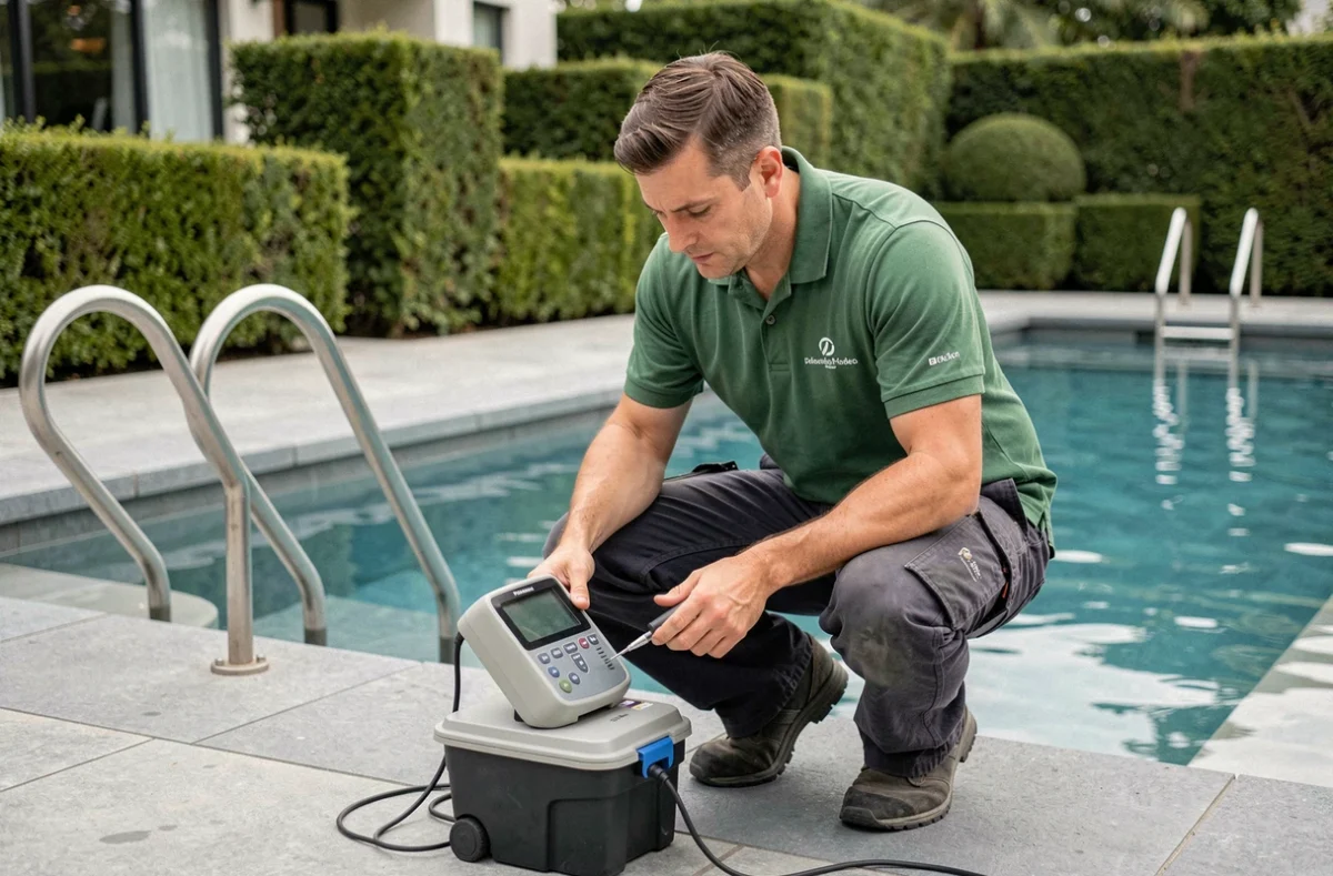 Technicien Everblue PACA testant la qualité de l'eau d'une piscine résidentielle moderne avec un équipement d'analyse professionnel