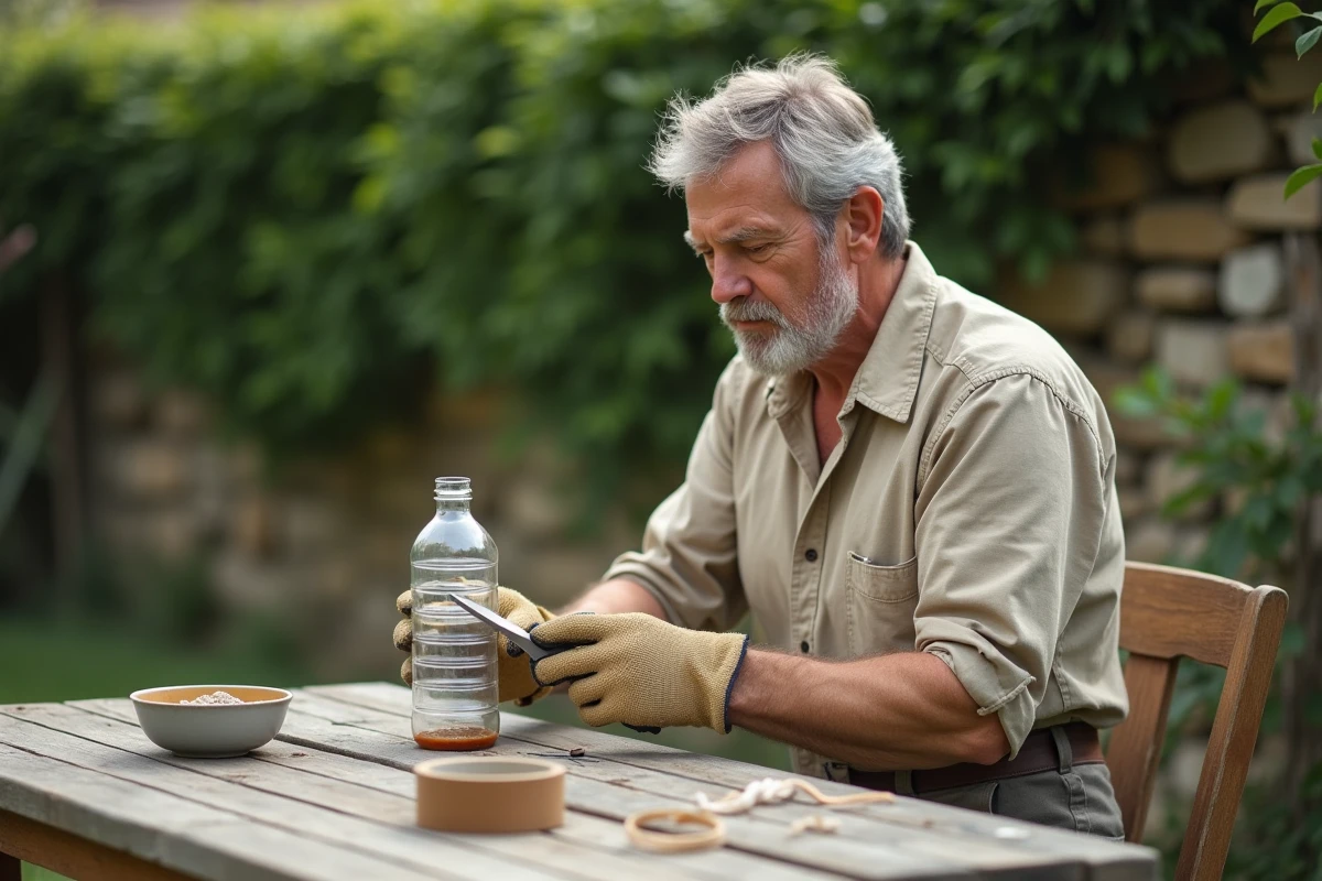 Homme assemblant un piège artisanal contre les frelons asiatiques avec une bouteille recyclée