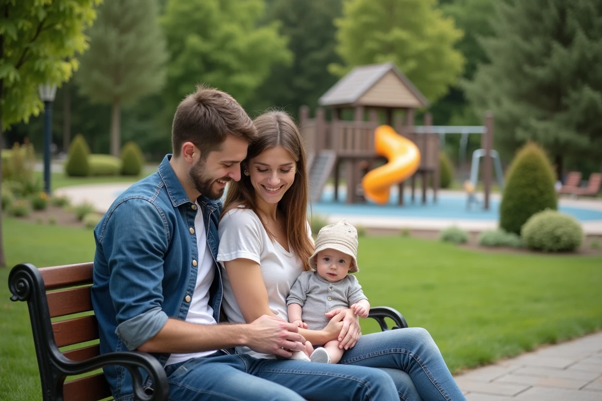 Couple de parents avec leur bébé souriant sur un banc en bois dans un parc sécurisé d'Annecy entouré de fleurs et d'aires de jeux