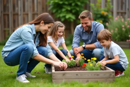 Famille souriante plantant des fleurs dans le jardin