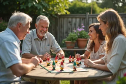 Famille jouant ensemble à un jeu de nain de jardin coopératif autour d'une table dans un jardin fleuri en été