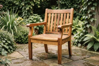 Fauteuil de jardin en teck avec finition miel posé sur une terrasse en pierre naturelle entourée de végétation