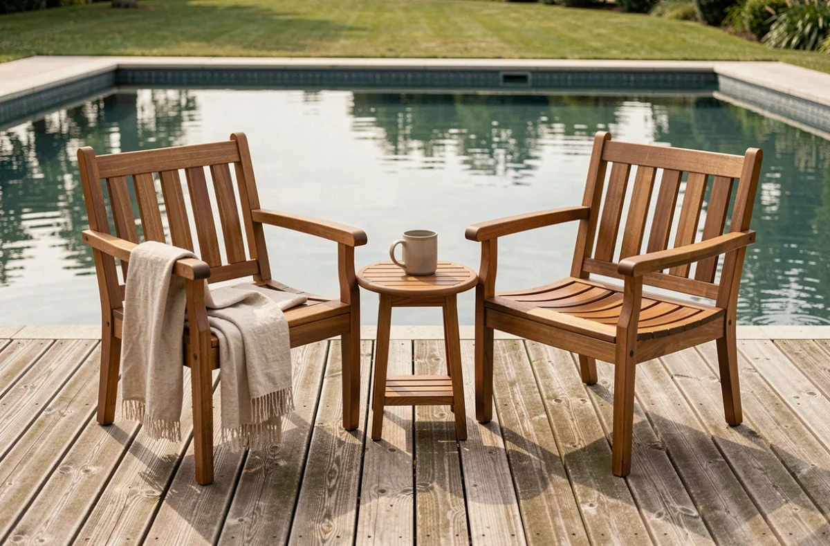 Deux fauteuils en teck assortis disposés sur une terrasse en bois près d'une piscine extérieure avec accessoires cosy