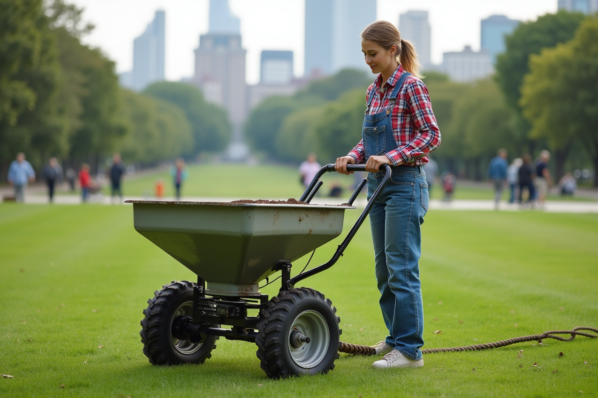 Femme ajustant un épandeur dans un parc public