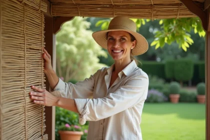 Femme souriante arrangeant une canisse sur une pergola en bois