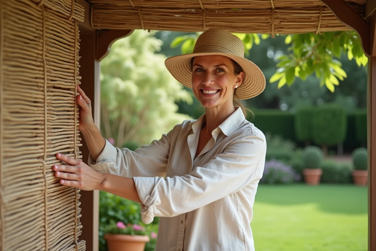 Femme souriante arrangeant une canisse sur une pergola en bois
