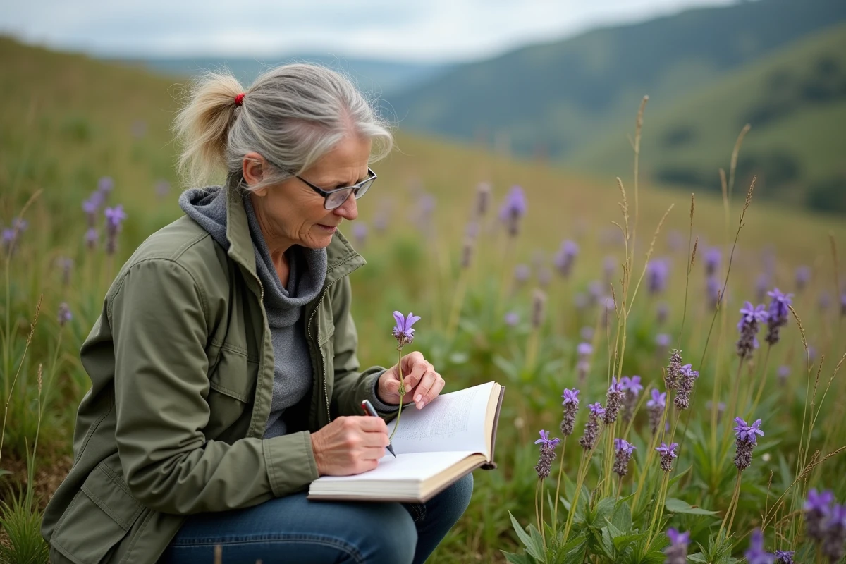 Femme botaniste dans une prairie sauvage en France examinant une violette