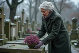 Femme déposant un pot de bruyère violette sur une tombe enneigée dans un cimetière en hiver