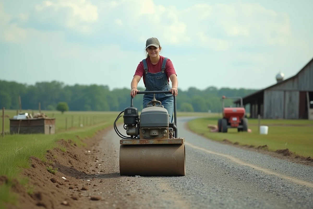 Jeune femme utilisant un compacteur sur une voie en gravier en campagne