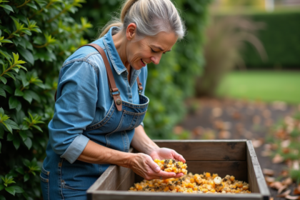 Femme d'âge moyen manipulant des épluchures dans un composteur