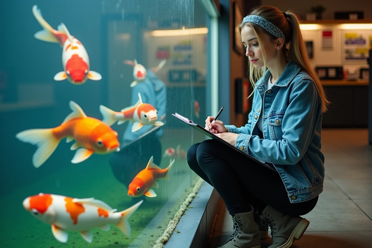 Jeune femme inspectant des koi dans un aquarium intérieur