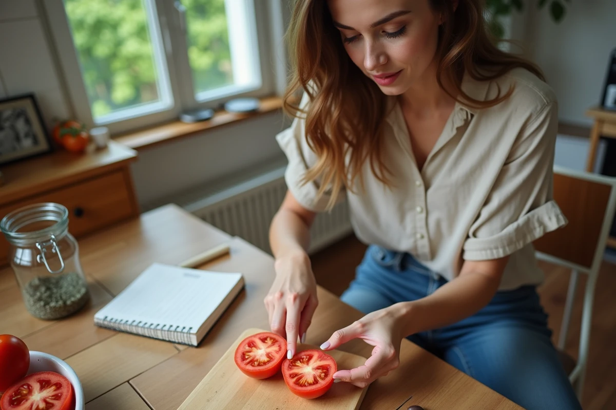 Femme coupe des tomates dans la cuisine lumineuse