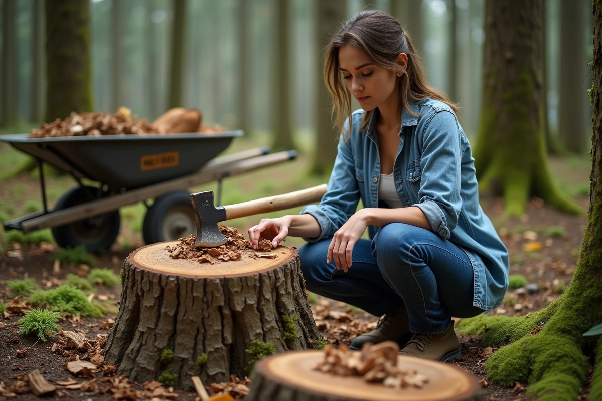 Femme regardant des copeaux de bois d