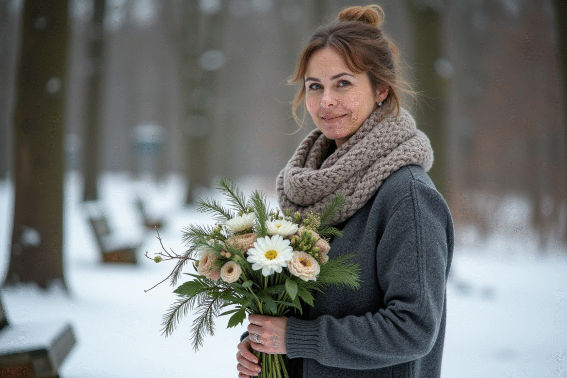 Femme d'âge moyen tenant un bouquet de fleurs d'hiver