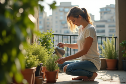 Femme arrosant ses plantes sur un balcon en été