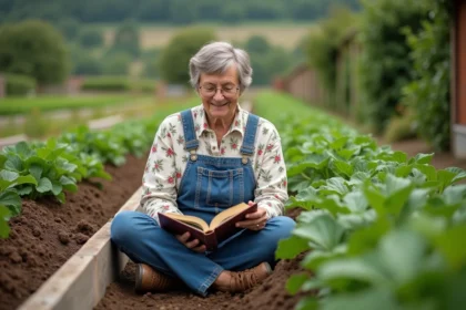 Femme en overalls dans un jardin permaculture