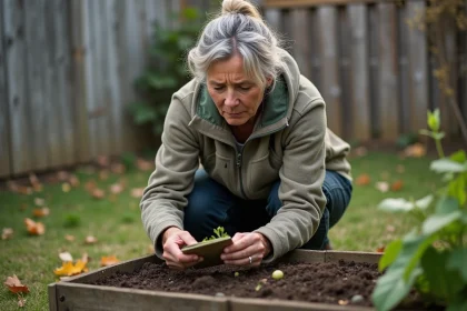 Femme examine un sachet de graines de haricots verts dans le jardin