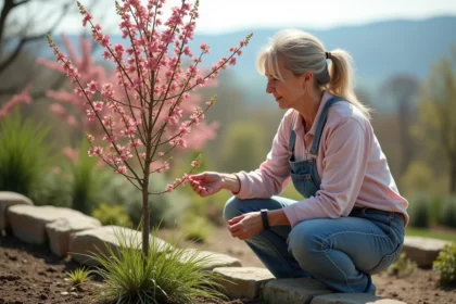 Femme en jardinage près d'un arbre à feuilles roses