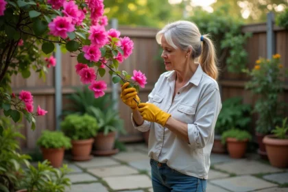 Femme inspectant une bougainvillée en jardinage
