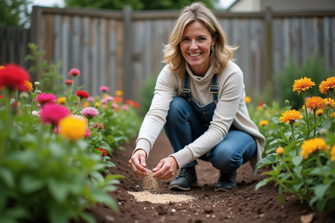 Femme en jardinage appliquant de l'engrais dans un jardin fleuri
