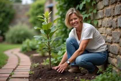 Femme plantant un jeune figuier dans le jardin