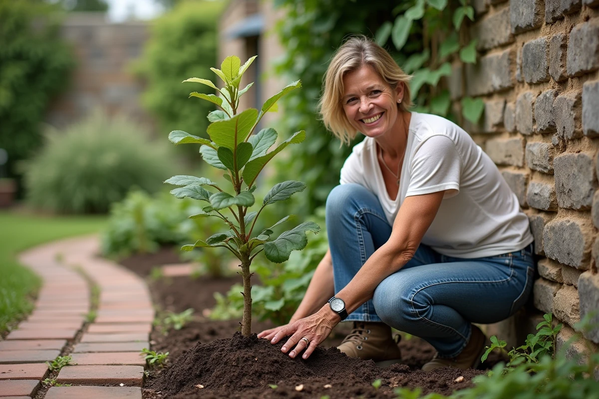 Femme plantant un jeune figuier dans le jardin