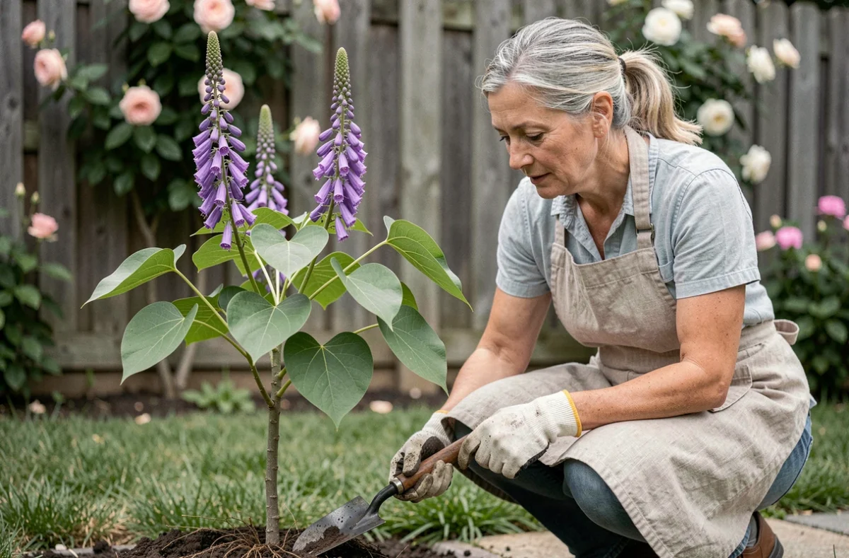 Femme jardinant près d'un paulownia aux fleurs violettes dans un jardin résidentiel