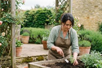 Femme qui jardine dans un potager surélevé en bois, entourée d'un jardin fleuri avec treille et terrasse en pierre