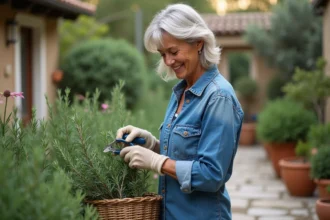 Femme en chemise en denim et gants de jardinage taillant du romarin
