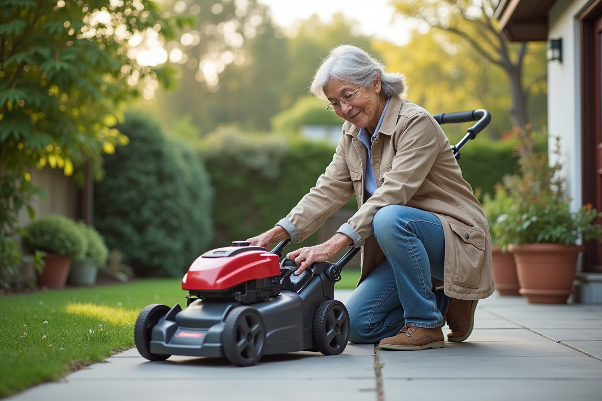 Femme âgée en tenue de jardinage manipulant la tondeuse électrique