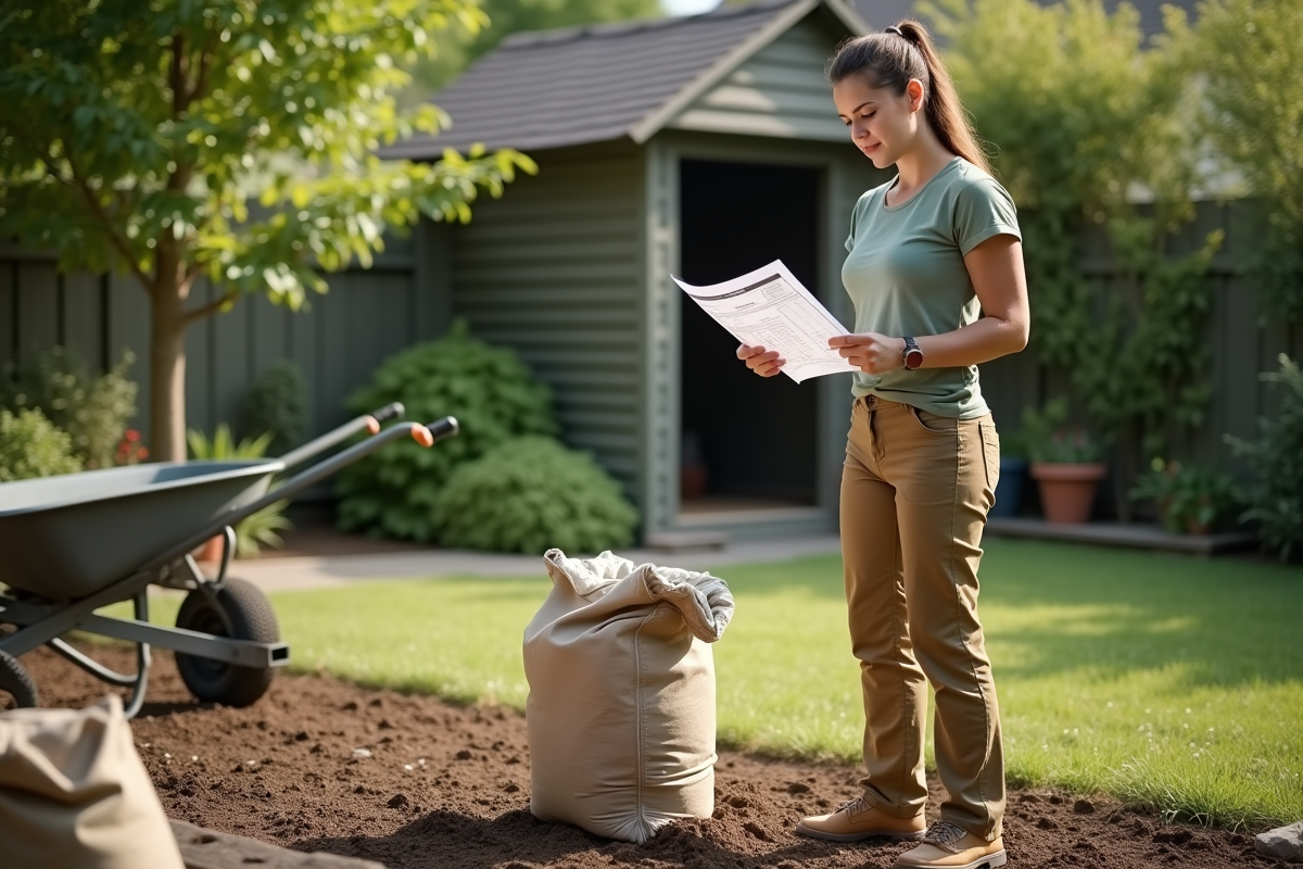 Femme lisant un tableau de calculs de terre dans le jardin