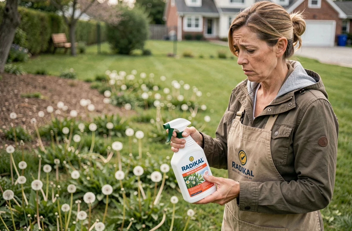 Femme lisant attentivement l'étiquette d'un herbicide Radikal entourée de mauvaises herbes non traitées dans son jardin
