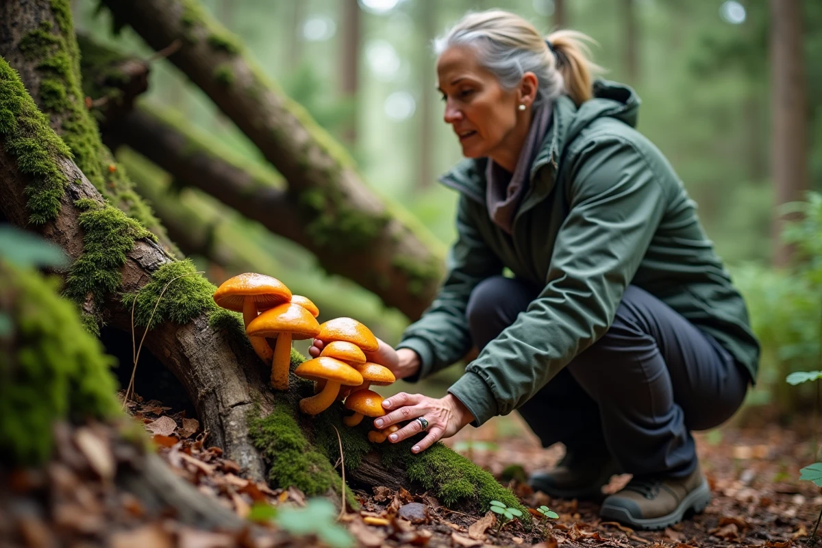 Femme examinant des champignons orange en forêt