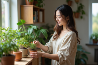Jeune femme en vêtements écologiques s'occupe de plantes