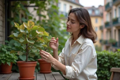 Femme examinant un figuier malade sur sa terrasse