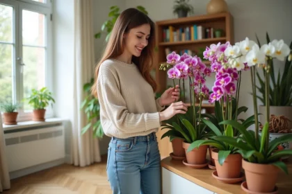 Jeune femme soignant des plantes fleuries dans un salon lumineux