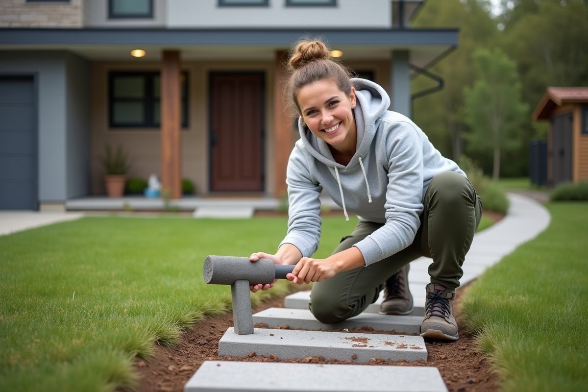 Jeune femme souriante posant des pavés dans le jardin
