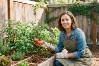 Femme entretenant un potager surélevé avec des tomates et des herbes aromatiques dans un jardin ensoleillé