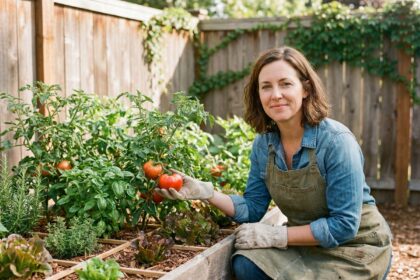 Femme entretenant un potager surélevé avec des tomates et des herbes aromatiques dans un jardin ensoleillé
