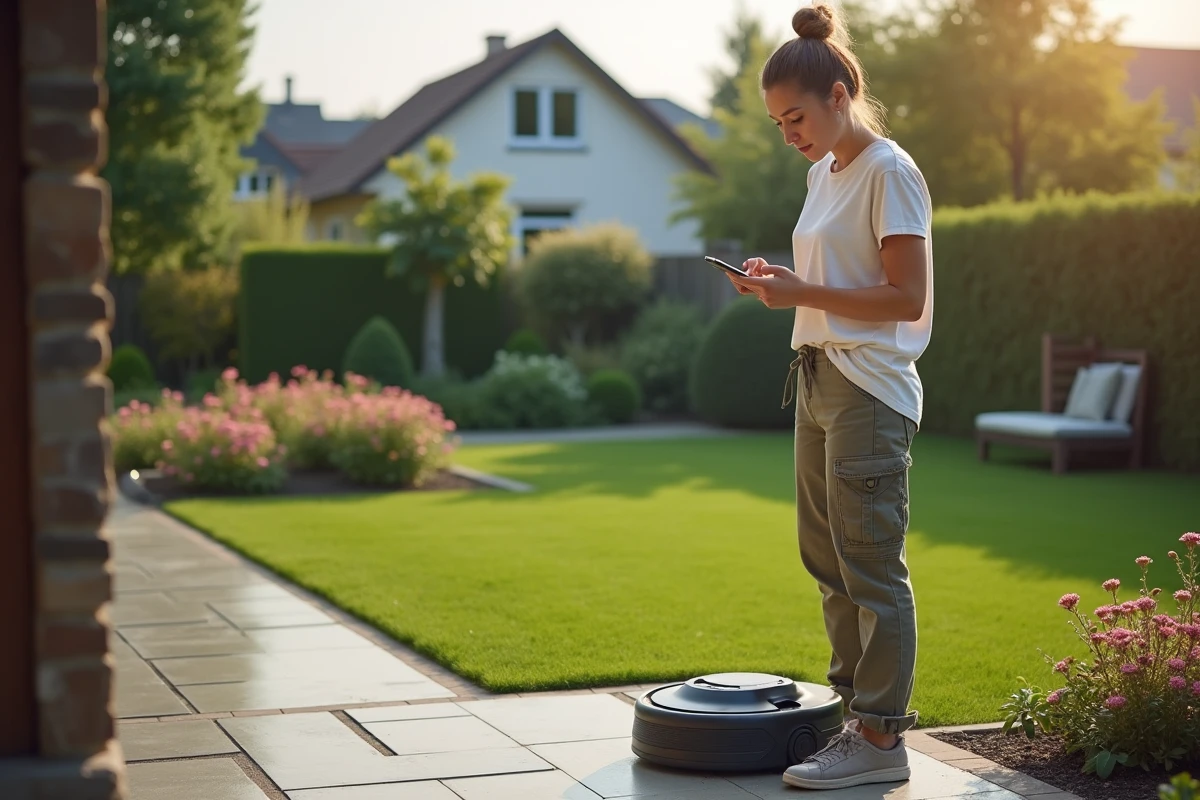 Femme vérifiant la progression de la tondeuse robot dans son jardin