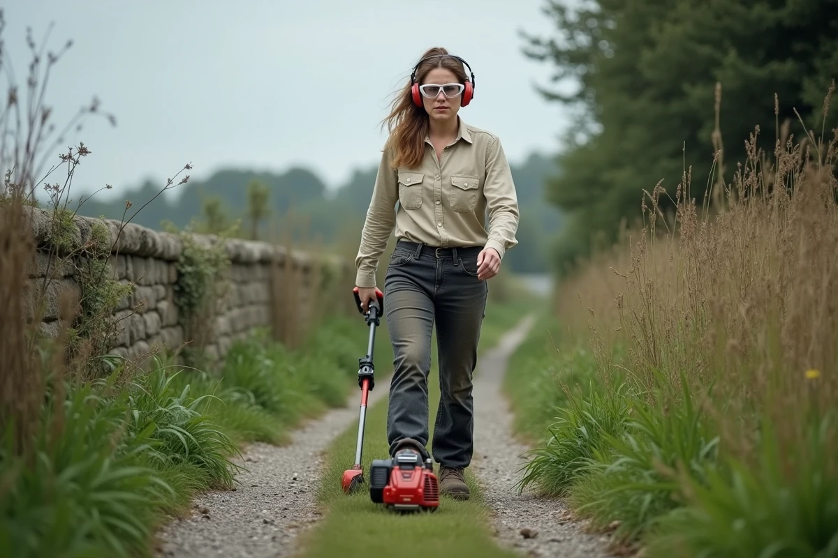 Femme utilisant un rotofil thermique sur un chemin rural envahi par la végétation