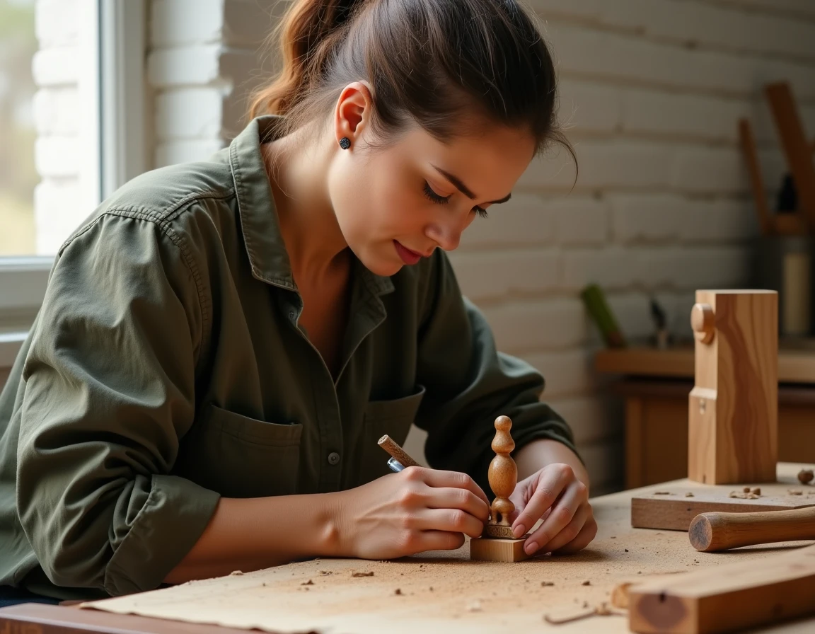 Femme sculptant une figurine en bois dur de cerisier dans un atelier, choix du bois pour la sculpture artistique