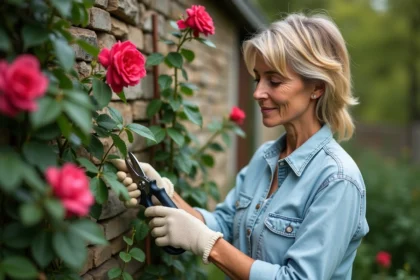 Femme taillant un rosier dans un jardin fleuri