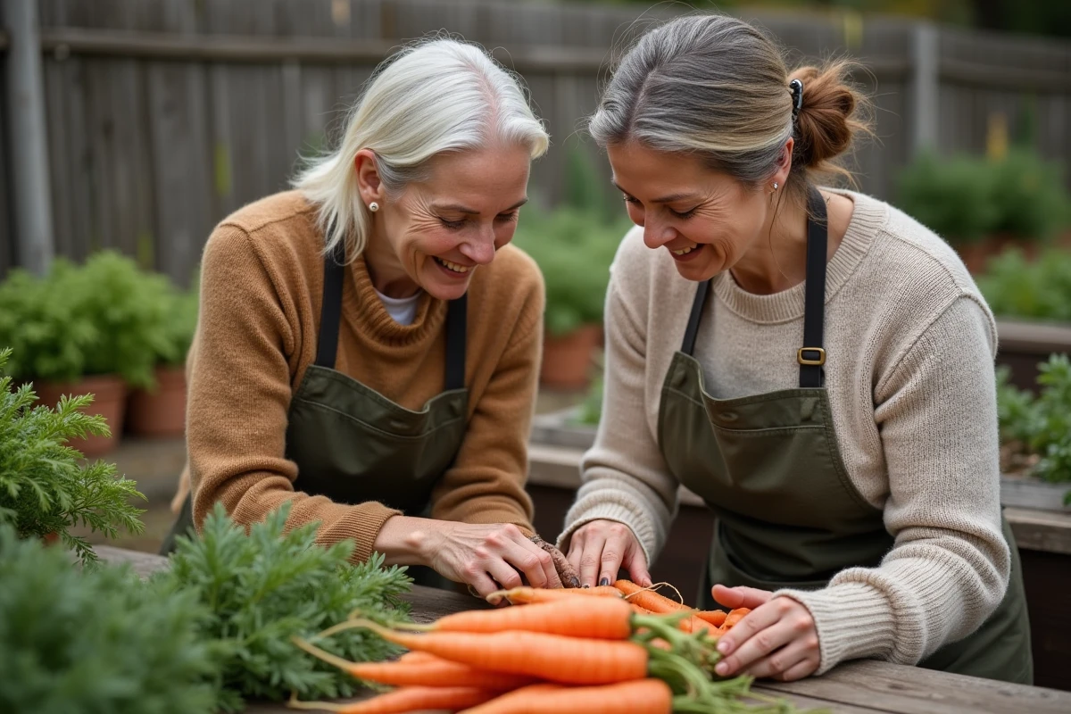 Deux femmes regardant des carottes fraîchement récoltées