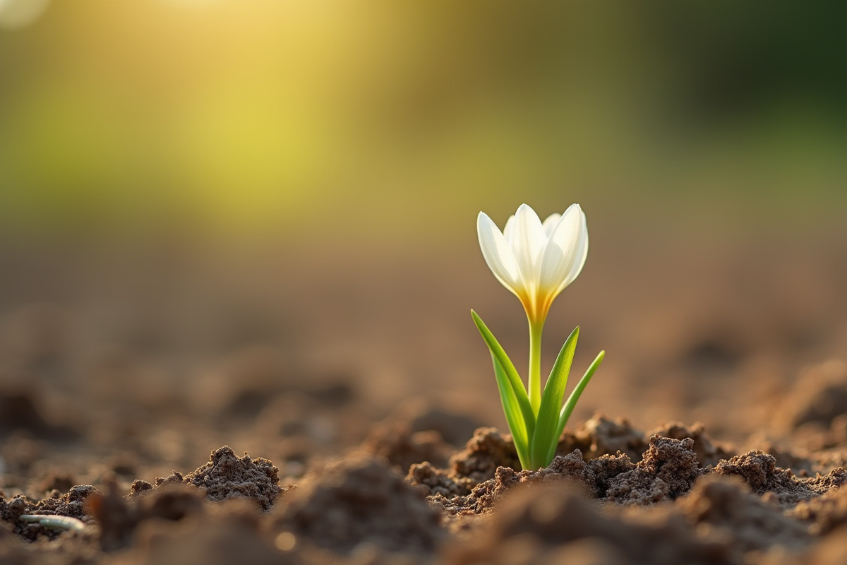 Fleur fragile émergeant de terre sèche en gros plan